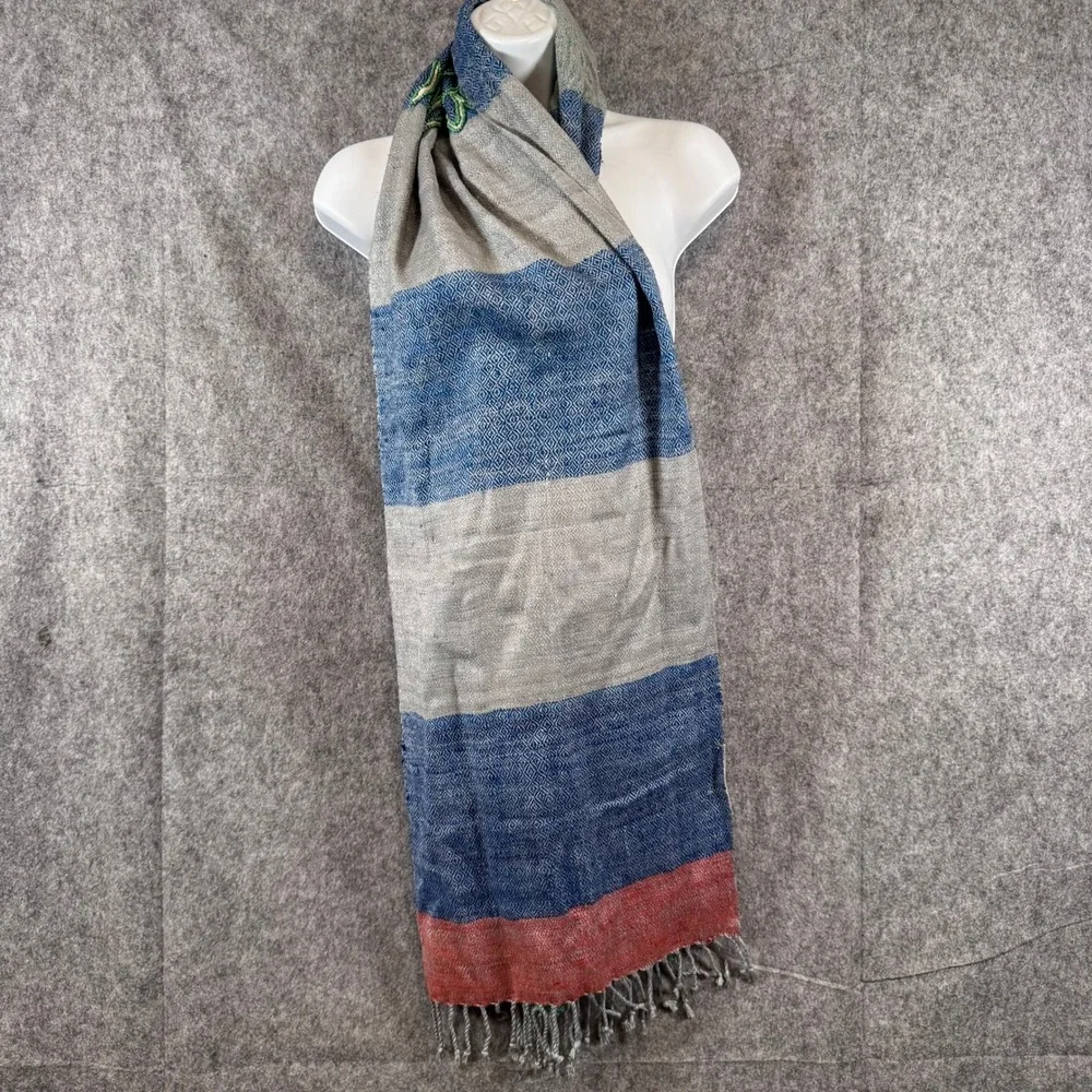 Noonday Collection Silk Scarf Handwoven Beaded Boho Blue Grey Artisan Festival